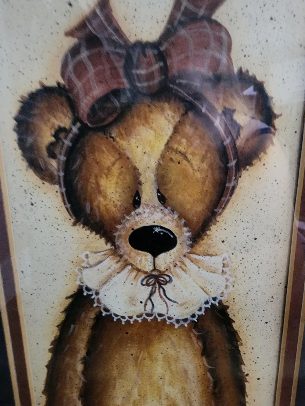 Vintage 1990s Mary Ann June “Marbles” Teddy Bear Framed Print Country Folk Art